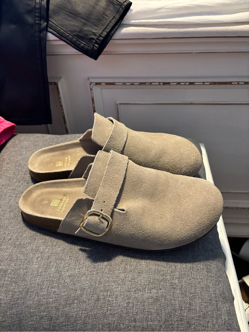 Women's Suede Mule Clogs with Buckle in Taupe